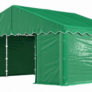 Raktársátor, tárolósátor, 3 × 4 m – 12 m², 240 g/m² PE  zöld ponyvával, Ø 38 mm-es horganyzott acélcsövekkel, Ø 42 mm-es csatlakozókkal és két függöny típusú bejárattal