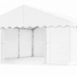 Raktársátor, tárolósátor 3 × 6 m – 18 m², 240 g/m² PE fehér ponyvával, Ø 38 mm-es horganyzott acélcsövekkel, Ø 42 mm-es csatlakozókkal és két függöny típusú bejárattal