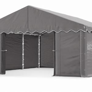 Raktársátor, tárolósátor 3 × 6 m – 18 m², 240 g/m² PE szürke ponyvával, Ø 38 mm-es horganyzott acélcsövekkel, Ø 42 mm-es csatlakozókkal és két függöny típusú bejárattal