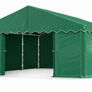 Raktársátor, tárolósátor 3 × 6 m – 18 m², 240 g/m² PE zöld ponyvával, Ø 38 mm-es horganyzott acélcsövekkel, Ø 42 mm-es csatlakozókkal és két függöny típusú bejárattal