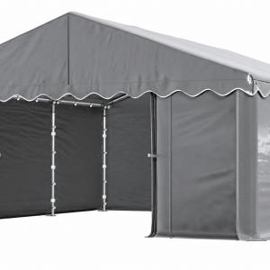 Raktársátor, tárolósátor 6 × 6 m – 36 m², PE  szürke ponyvával, horganyzott acélvázzal és két függönyrendszerű bejárattal