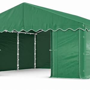 Raktársátor, tárolósátor 6 × 6 m – 36 m², PE zöld ponyvával, horganyzott acélvázzal és két függönyrendszerű bejárattal