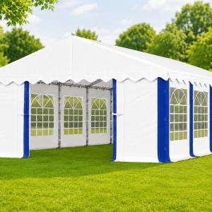 Rendezvénysátor 4 × 8 m – 32 m², 240 g/m² fehér-kék PE ponyvával és horganyzott acélvázzal