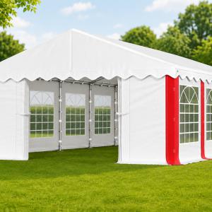 Rendezvénysátor 4 × 8 m – 32 m², 240 g/m² fehér-piros csíkos PE ponyvával és horganyzott acélvázzal