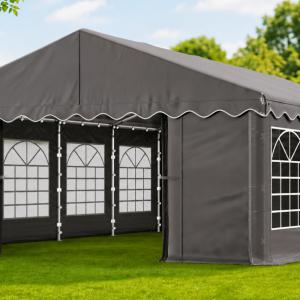 Rendezvénysátor 4 × 8 m – 32 m², 240 g/m² szürke PE ponyvával és horganyzott acélvázzal