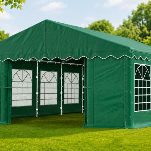 Rendezvénysátor 4 × 8 m – 32 m², 240 g/m² zöld PE ponyvával és horganyzott acélvázzal