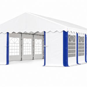 Rendezvénysátor 4 × 8 m – 32 m² alapterület, PE fehér-kék ponyvával és horganyzott acélvázzal