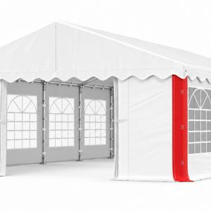 Rendezvénysátor 4 × 8 m – 32 m² alapterület, PE fehér piros csíkos ponyvával és horganyzott acélvázzal