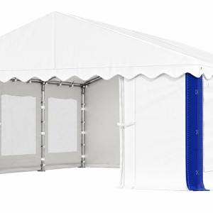 Rendezvénysátor, partisátor 4 × 6 m – 24 m², fehér-kék csíkos , vízálló PE ponyvával, szúnyoghálós, lezárható ablakokkal és teljesen horganyzott, megerősített acélszerkezettel