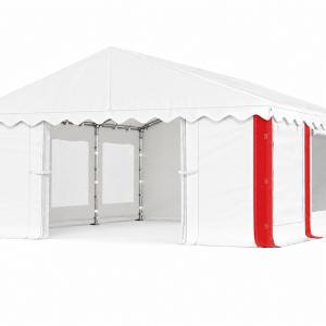 Rendezvénysátor, partisátor 4 × 6 m – 24 m², fehér-piros csíkos , vízálló PE ponyvával, szúnyoghálós, lezárható ablakokkal,  horganyzott, megerősített acélszerkezettel