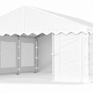 Rendezvénysátor, partisátor 4 × 6 m – 24 m², fehér, vízálló PE ponyvával, szúnyoghálós, lezárható ablakokkal és teljesen horganyzott, megerősített acélszerkezettel