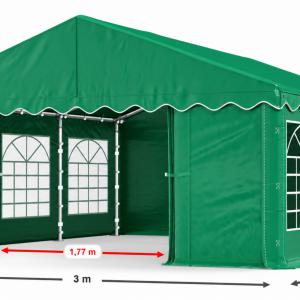 Rendezvénysátor, partysátor 3 × 6 m – 18 m², 240 g/m² PE ponyvával, horganyzott acélvázzal, Ø38 mm / 1,2 mm csövekkel, Ø42 mm / 1,3 mm csatlakozóelemekkel, zöld