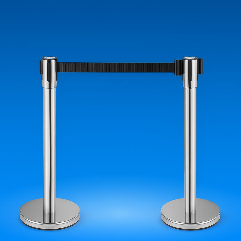 Tömegirányító szalagos elválasztó oszlop – 90 cm, acél, 2 m fekete szalaggal, beltéri és kültéri használatra