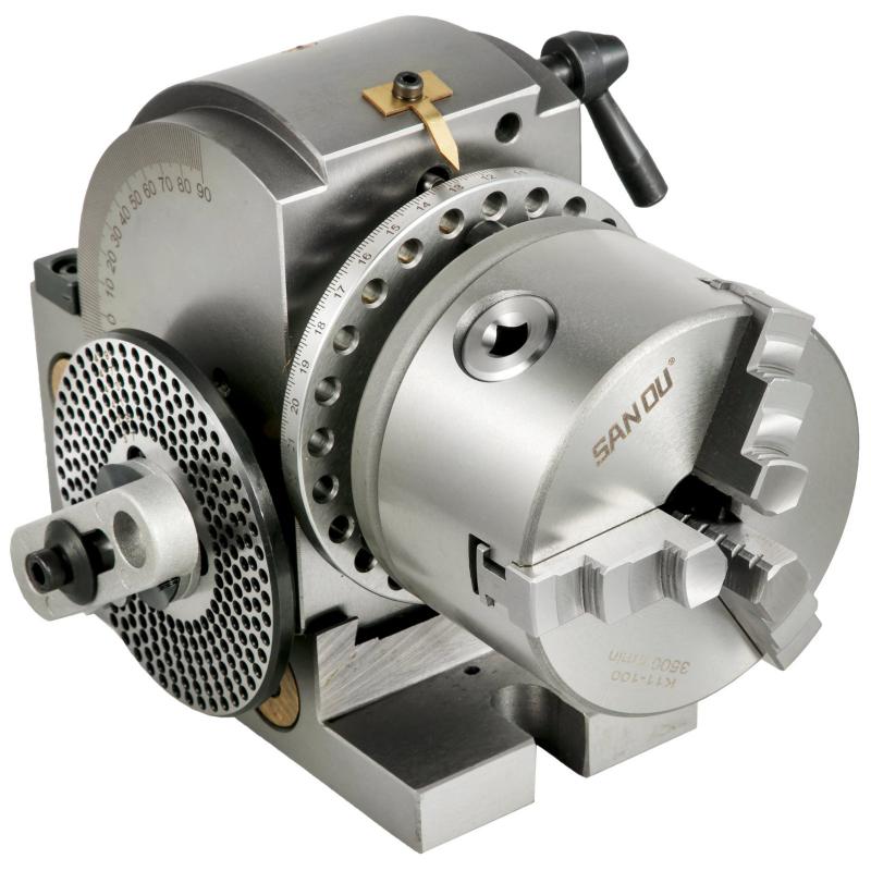 Univerzális precíziós osztófej 100 mm középmagassággal, 4″ 3 pofás tokmánnyal, MT2 szegnyereggel, 1:40 áttétellel