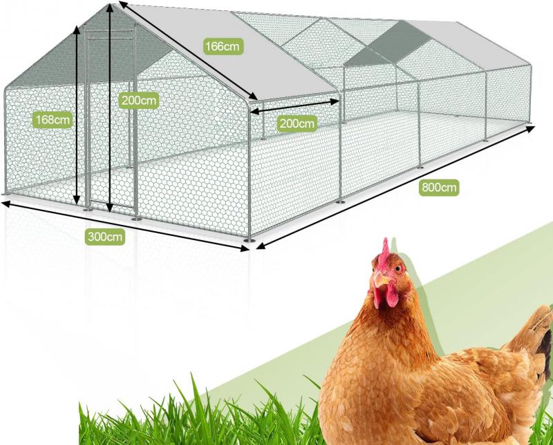 XXL Tyúkketrec, tyúkól fedéllel, kifutó – 300 x 800 x 200 cm Horganyzott Acél