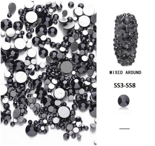 Vegyes méretű kristálykő 720 db 10.  Jet Black