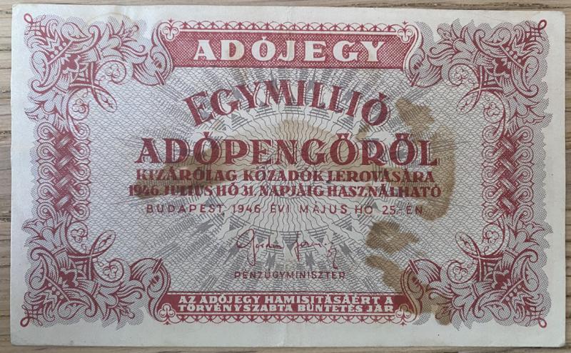 1 millió adójegy adópengőről (1946) sorszám nélküli