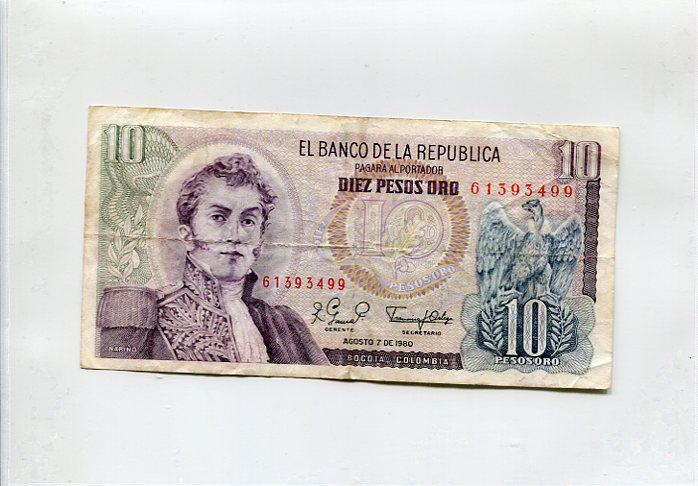 Kolumbia 10 peso bankjegy 1980