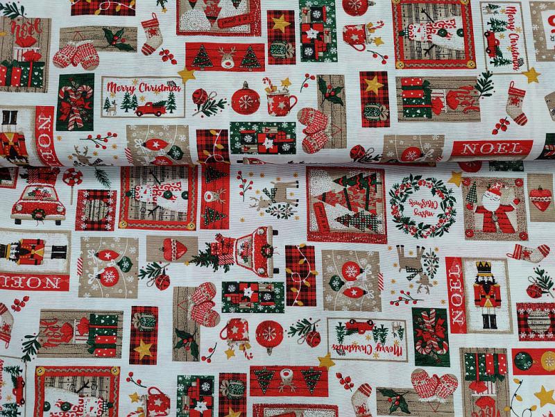 Lakástextil fehér alapon piros karácsonyi minták noel 140 cm széles