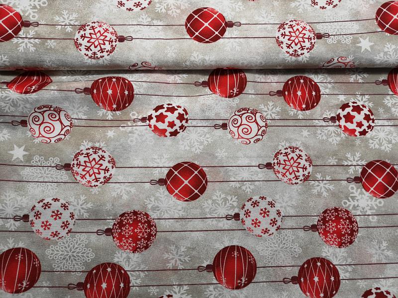 Lakástextil karácsonyi piros gömbdíszekkel 140 cm széles