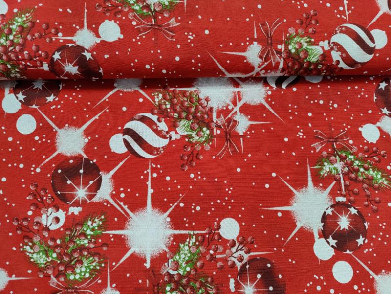 Lakástextil piros karácsonyi gömbdíszek, csillagok 140 cm széles