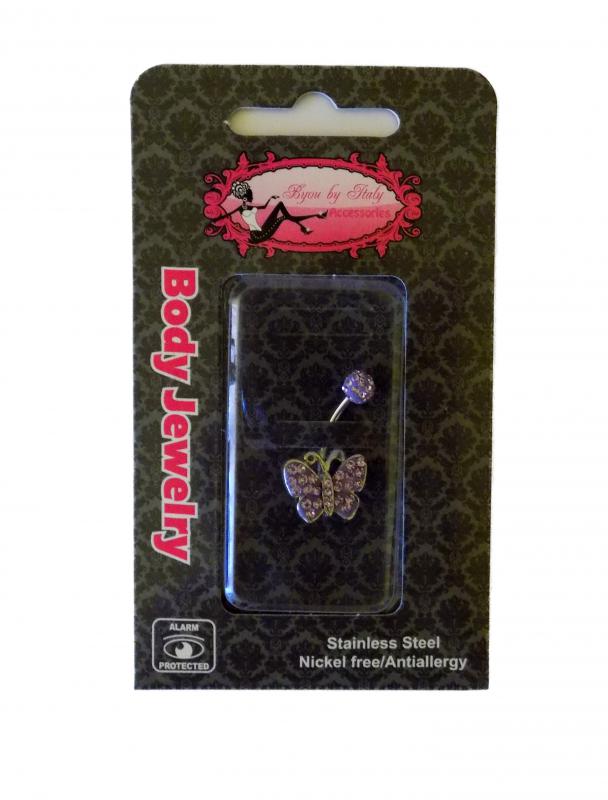 lila, strasszos pillangó köldök piercing