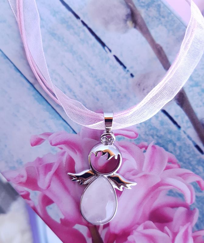 rózsaszín organza nyaklánc rózsakvarc angyal medállal