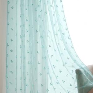 Türkisz hímzett levél mintás organza kész függöny 180x200cm bújtatós ráncolóval rúdra is fűzhető