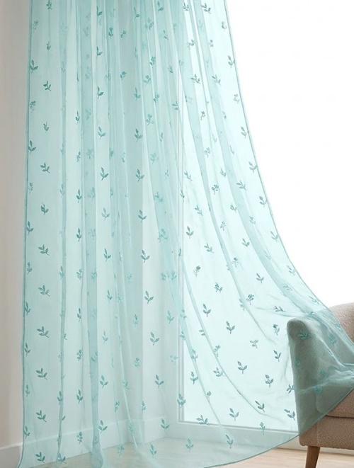Türkisz hímzett levél mintás organza kész függöny 180x200cm bújtatós ráncolóval rúdra is fűzhető