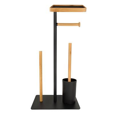 AWD WC kefe és papír tartó állvány, fekete acél+bambusz (AWD02071795)