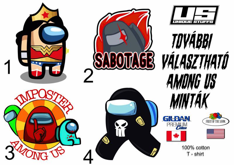 Among Us választható minták 4 pólóra, bögrére
