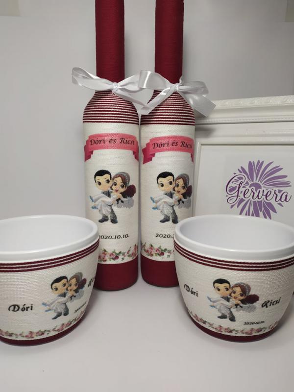 Bordó szülőköszöntő pálinkásüveg kaspóval