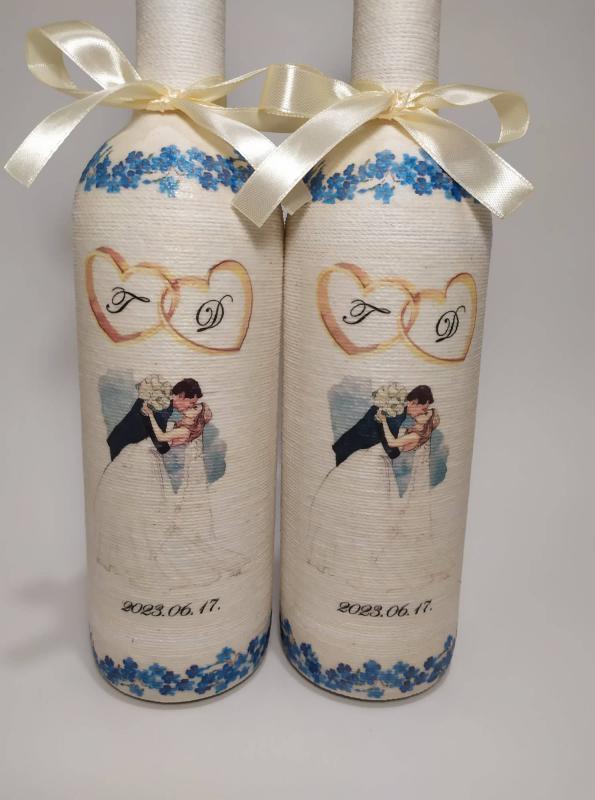 Boros üveg esküvőre, köszönet ajándék , nefelejcs