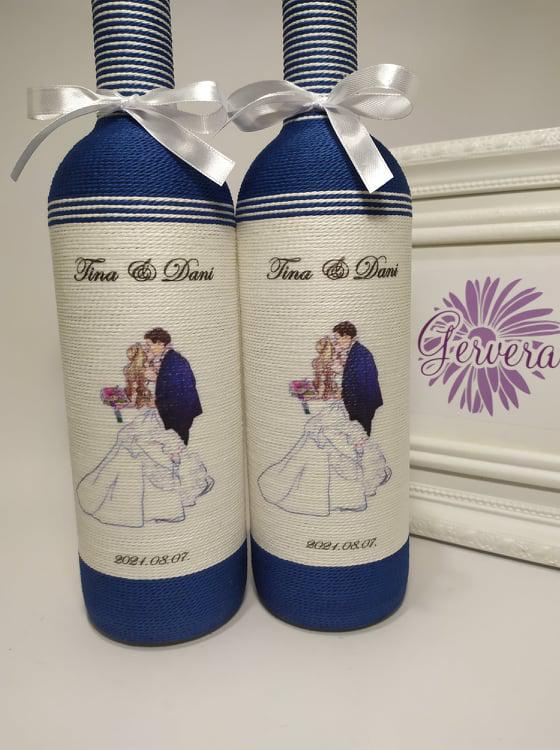 Boros üveg szülőköszöntő ajándék, kék szerelmespár