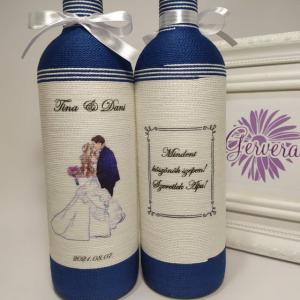 Boros üveg szülőköszöntő ajándék, kék szerelmespár