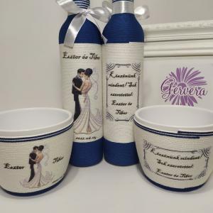 Szülőköszöntő kék pálinkásüveg kaspóval