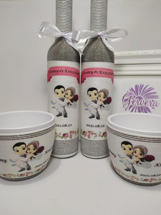 Ezüst szülőköszöntő pálinkásüveg kaspóval