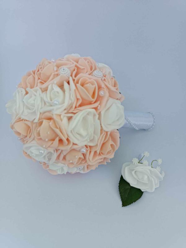 Menyasszonyi csokor, fehér, barack,  rózsa