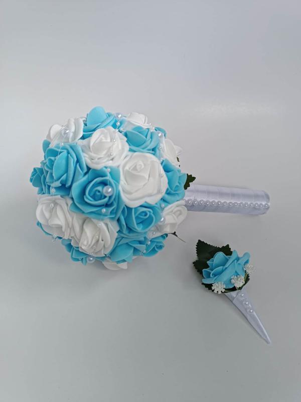 Mini menyasszonyi csokor, világoskék - fehér