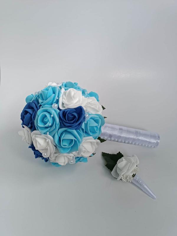 Mini menyasszonyi csokor, világoskék - kék - fehér