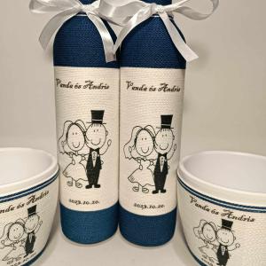 Kék szülőköszöntő pálinkásüveg kaspóval(v)