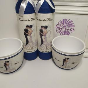 Szülőköszöntő kék pálinkásüveg kaspóval