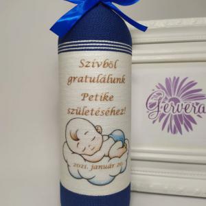 Zsinórozott boros üveg, baba születésre,kék