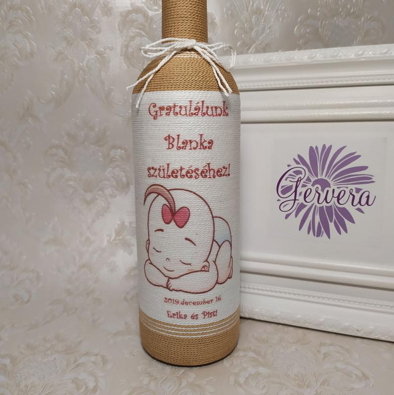 Zsinórozott boros üveg, baba születésre