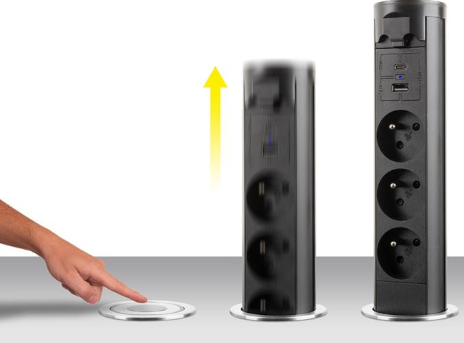 StrongPower elektromos kihúzható aljzat 3x 230V Schuko, USB A+C Fekete