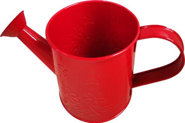 Bádog-kanna piros, virágmintával.