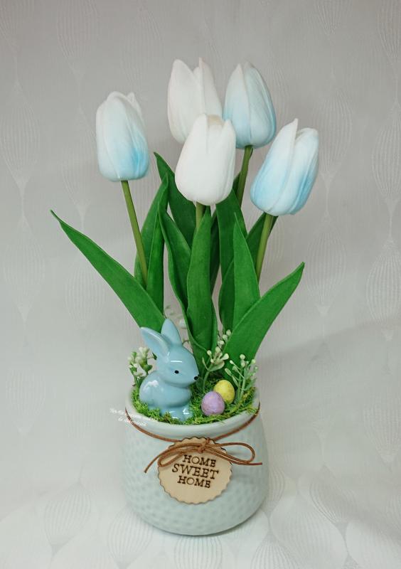 5 szálas élethű tulipán csokor Home Sweet Home kaspóban