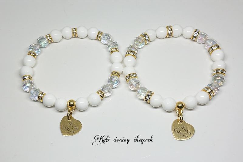 Anya - lánya kagylóhéj és angyal aura ásvány karkötő szett szív medállal