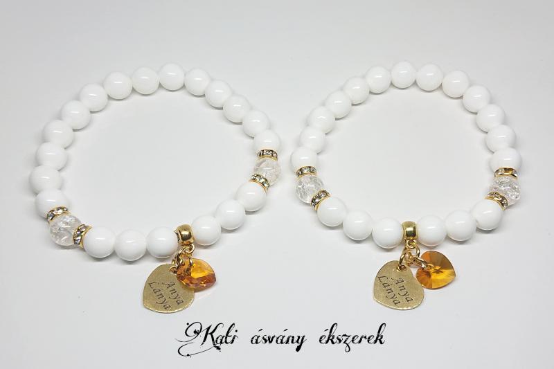 Anya - lánya kagylóhéj és hegyikristály ásvány karkötő szett Swarovski szív medállal
