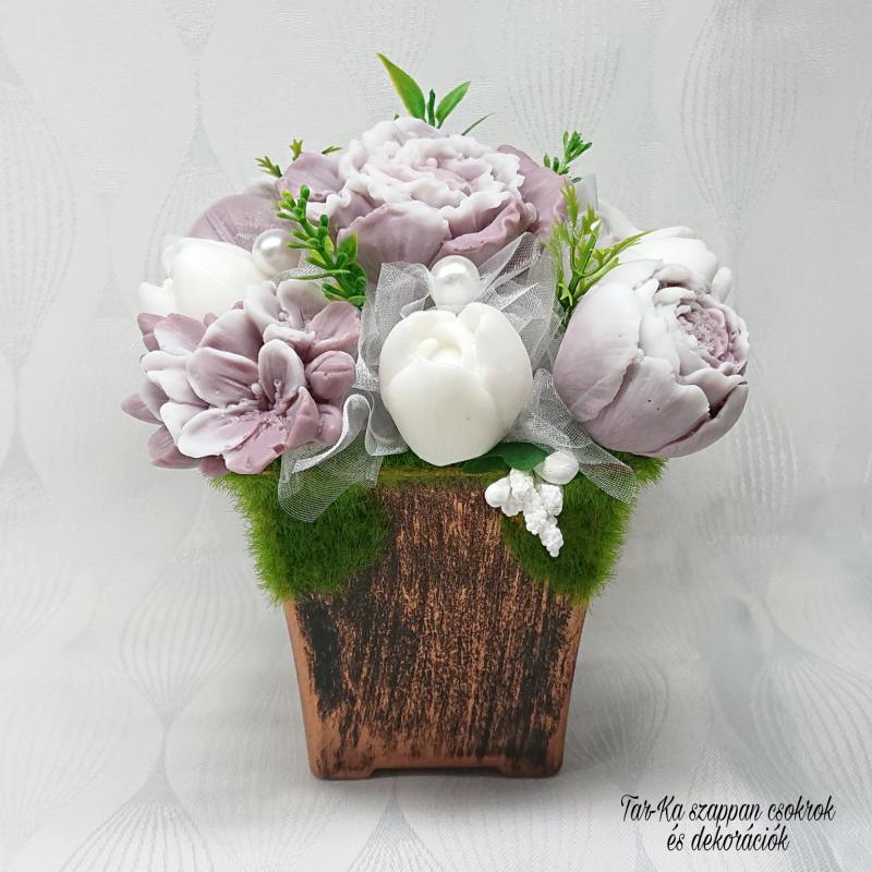 Barna - fehér illatos szappanvirág dekoráció rusztikus kaspóban